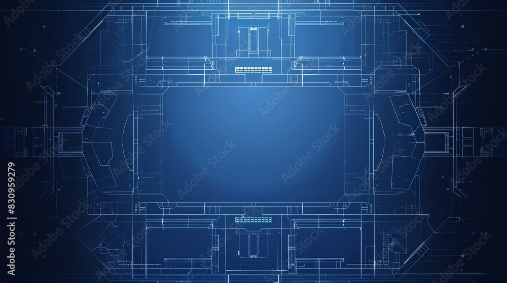 Poster futuristic blueprint design with detailed technical drawings and glowing blue abstract elements perf