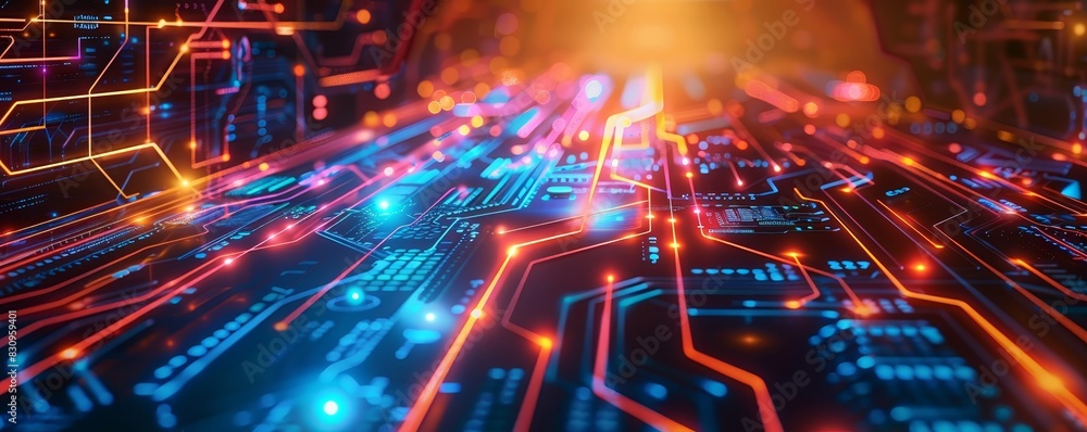 Poster futuristic circuit board with glowing lights and intricate patterns symbolizing advanced digital tec