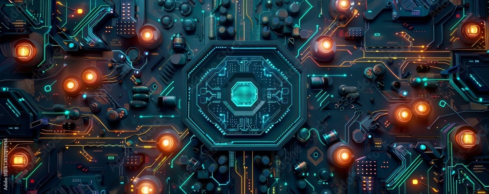 Aufkleber futuristic circuit board with glowing lights, showcasing advanced technology and intricate design. p
