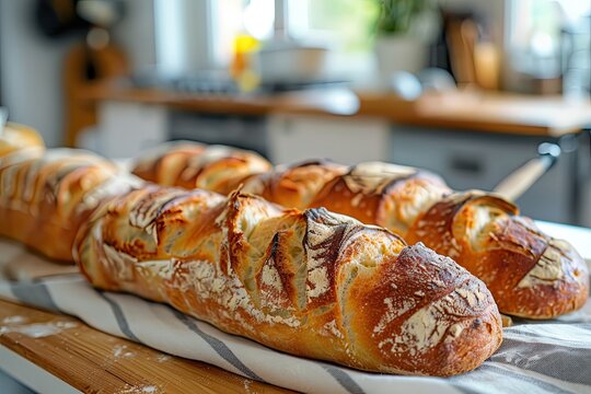 A couple of loaves of bread are sitting on a wooden table. The bread is toasted and has a crispy crust. The table is surrounded by a kitchen area with a sink, a refrigerator, and a potted plant