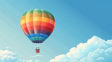 Fototapeta premium Illustration of a hot air balloon with rainbow stripes floating in a clear blue sky, symbolizing freedom and LGBTQ+ Pride.