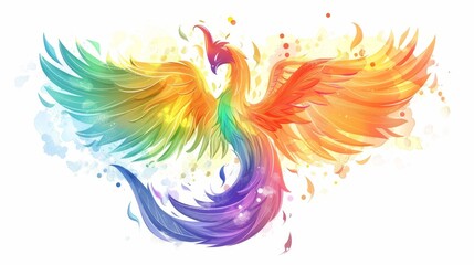 Obraz premium Illustration of a phoenix with rainbow feathers, symbolizing rebirth, strength, and LGBTQ+ Pride.