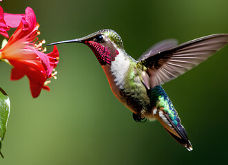 Fototapeta premium Hummingbird flies to a red flower