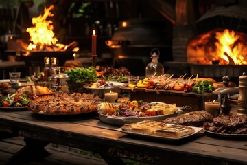 Obraz premium A lavish outdoor feast with various dishes on a wooden table, surrounded by candlelight and a warm fire in the background.