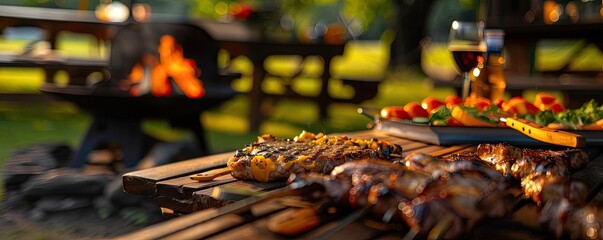 An outdoor summer barbecue with skewers of grilled meat and vegetables, picnic tables, and a campfire in the background.