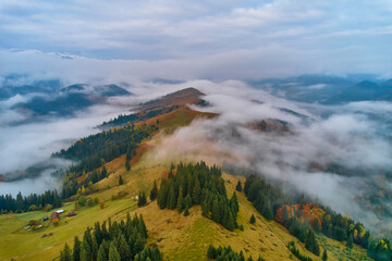 Mountains in clouds at sunrise in summer. Aerial view of mountain peak with green trees in fog. Top view from drone of mountain valley in low clouds
