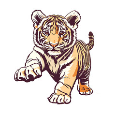 Obraz premium Transperant, Design a flat colored image of a cute tiger cub, with stripes and a playful pose, isolated on a white background, and outlined with a black line