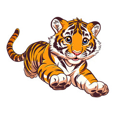 Obraz premium Transperant, Design a flat colored image of a cute tiger cub, with stripes and a playful pose, isolated on a white background, and outlined with a black line