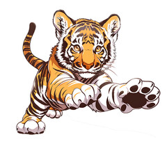 Obraz premium Transperant, Design a flat colored image of a cute tiger cub, with stripes and a playful pose, isolated on a white background, and outlined with a black line