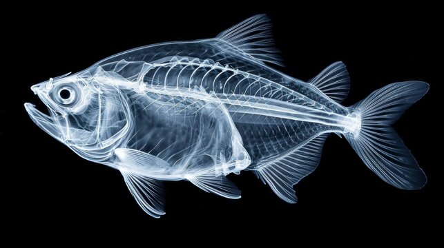 Ethereal x-ray style illustration of a piranha fish skeleton against a black background
