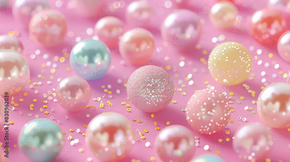 Poster a bubblegum pink canvas with an assortment of multicolored pearls, each surrounded by matching glitt