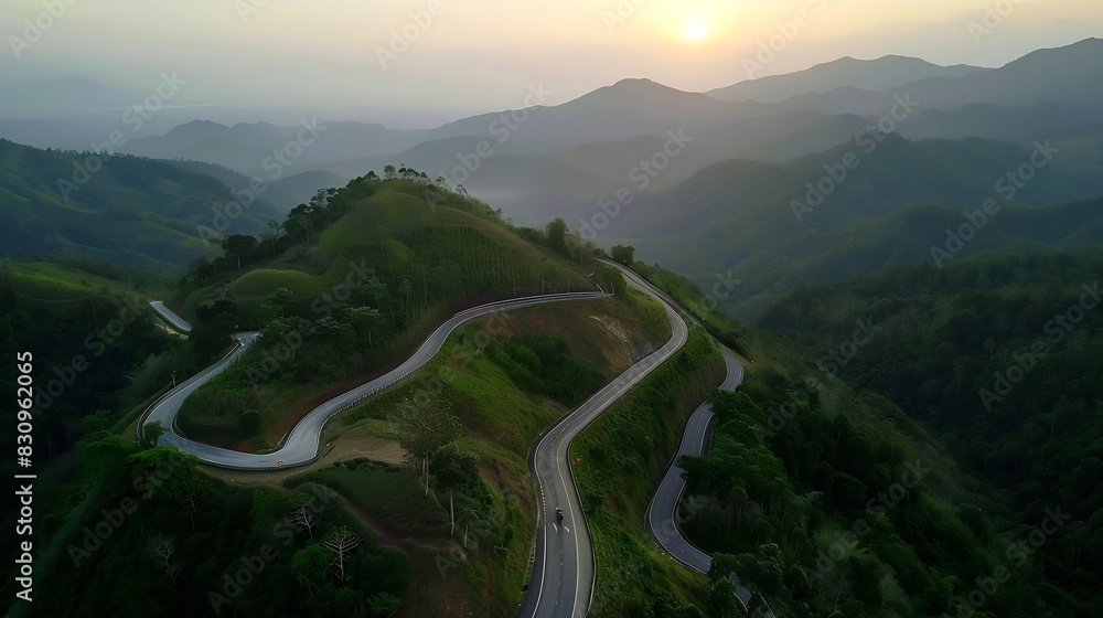 Poster aerial top view drone shot road no1081 or shape number three of winding mountain road between pua di