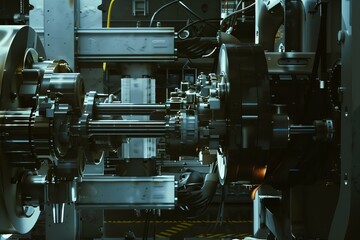 Advanced machinery cutting pipes and tubes, side view, showcasing precision engineering, scifi tone, splitcomplementary color scheme