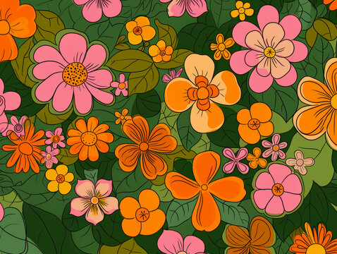 Ai Generated Art Abstract Pink Green Orange and Yellow Watercolor Groovy Floral 70s 60s Background