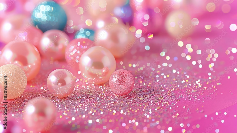 Poster a bubblegum pink canvas with an assortment of multicolored pearls, each surrounded by matching glitt