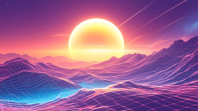 Digital technology futuristic grid sun and moon poster background
