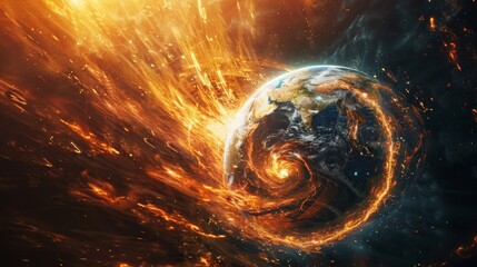 A planet is surrounded by a swirling cloud of fire