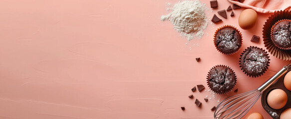 Baking background ingredients. Flour, sugar, eggs and chocolate muffins on light pink table. Top view, copy space. Bakery, confectionery cooking background banner. Recipe, menu