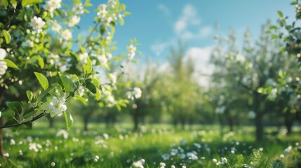 Apple garden with blossom apple trees Beautiful Countryside spring landscape Scene with Apple trees in sunny spring day on blue sky background : Generative AI