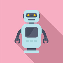Flat design illustration of a cute, friendly robot with a shadow, on a pastel pink background