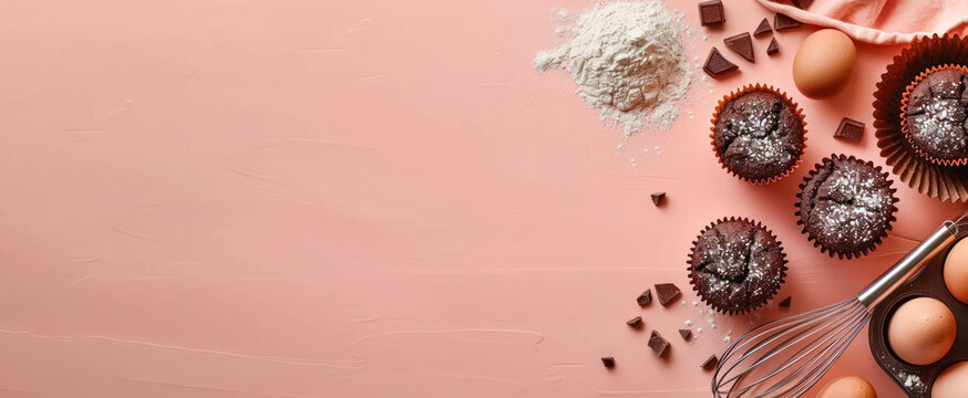 Baking background ingredients. Flour, sugar, eggs and chocolate muffins on light pink table. Top view, copy space. Bakery, confectionery cooking background banner. Recipe, menu