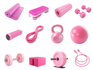 Set of pink sports equipment with a mat, roll, roller, skipping rope, kettlebell, dumbbells, step platform, elastic band, block on a transparent background. A tool for MFR, yoga, Pilates, fitness, gym