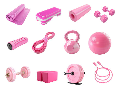 Set of pink sports equipment with a mat, roll, roller, skipping rope, kettlebell, dumbbells, step platform, elastic band, block on a transparent background. A tool for MFR, yoga, Pilates, fitness, gym
