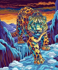Vibrant Snow Leopard Walking Over Icy Cliff at Sunset in Mountains Background