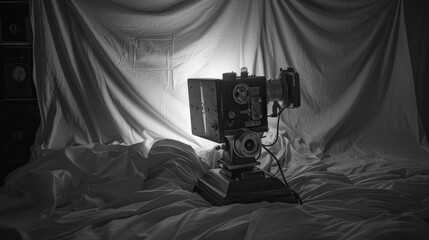 A projector sits on a bed in a dark room