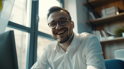 Obraz premium Happy businessman enjoying at home office : Generative AI