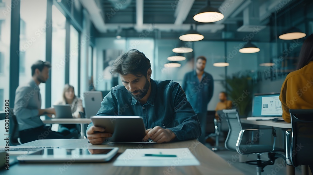 Poster the creative process shot of a man sitting at a table in an office using a digital tablet with colle