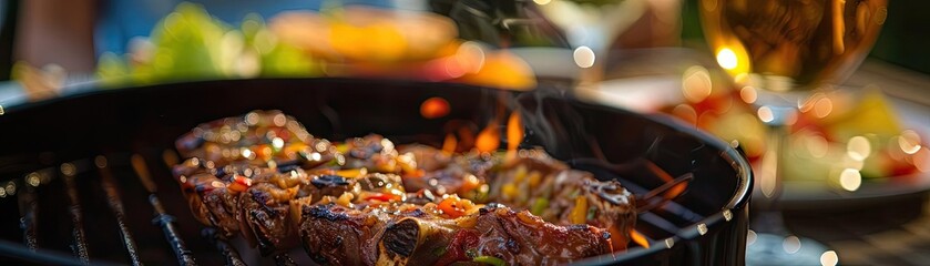 Close-up of delicious grilled skewers on a barbecue with drinks and vegetables in the background, perfect for a summer meal outdoors. - Powered by Adobe