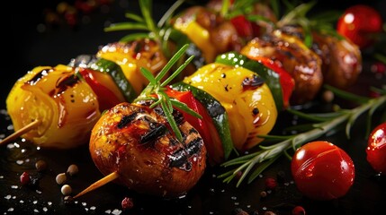 Grilled vegetable skewers with vibrant zucchini, cherry tomatoes, and yellow bell peppers on wooden sticks, garnished with fresh rosemary. - Powered by Adobe