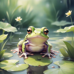 Green frog sits calmly on a lily pad surrounded by blooming water lilies in a serene pond under daylight