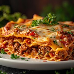 Fototapeta premium Delicious homemade lasagna with layers of pasta, meat sauce, and cheese, garnished with fresh parsley on a white plate.