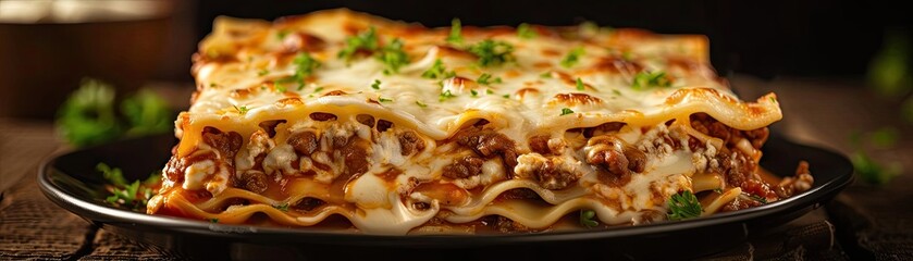 Close-up of a delicious lasagna slice on a black plate, topped with fresh parsley, showcasing layers of pasta, meat, and cheese.