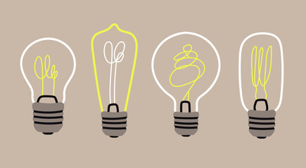 Various Light bulbs. Cartoon flat style. Idea, creativity, innovation, inspiration, invention concept. Hand drawn modern Vector illustration. Isolated design elements