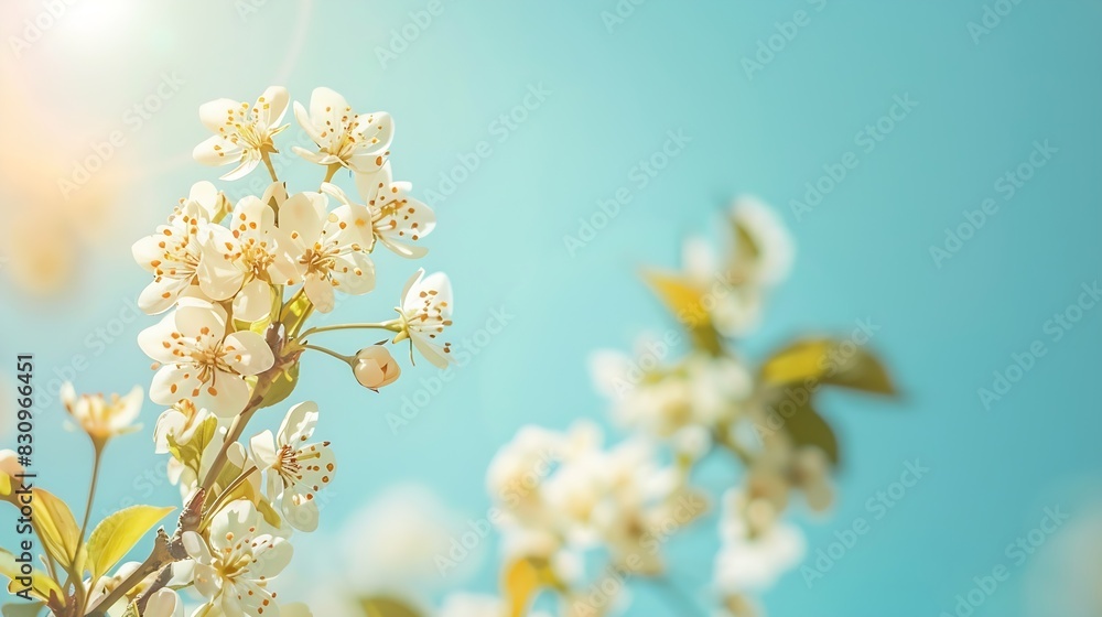 Fototapete Blooming branches of a pear tree on a blue sky background Flowering pear tree Soft focus image of blooms tree in spring time : Generative AI