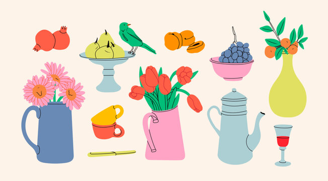 Classical still life picture elements. Flowers in vase, fruits on plate, jug with drink, cups. Hand drawn colorful Vector illustration. Isolated design elements. Poster, icon, logo, print templates