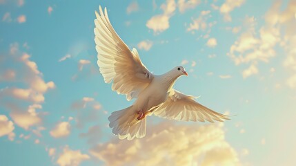Fototapeta premium White dove flying against blue sky.