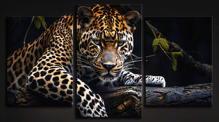 The painting in three panels shows leopard on a seamless background.