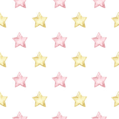 Obraz premium Minimalist seamless pattern with pink and gold stars.Watercolor hand painted seamless pattern for baby girl .