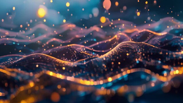 Pixelated mountains and valleys covered in glowing crypto mining farms resembling soing out of a scifi movie.