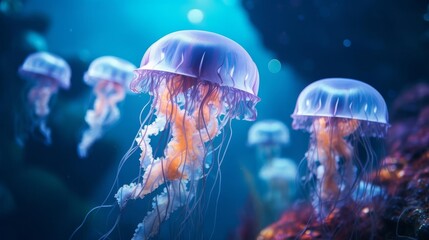Fototapeta premium A mesmerizing underwater scene with glowing jellyfish drifting gracefully in the deep ocean, showcasing vibrant marine life.