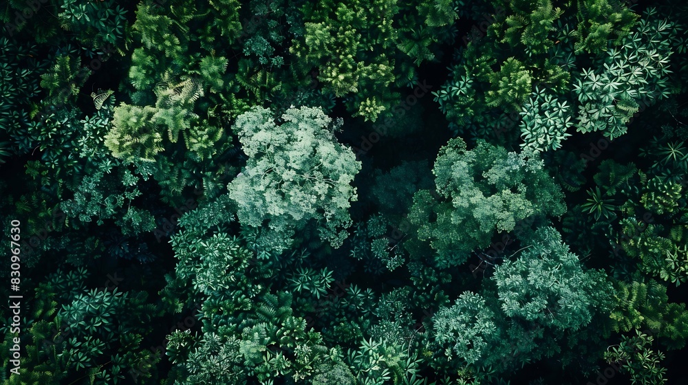 Leinwandbilder Aerial top view forest tree Rainforest ecosystem and healthy environment concept and background Texture of green tree forest view from above : Generative AI