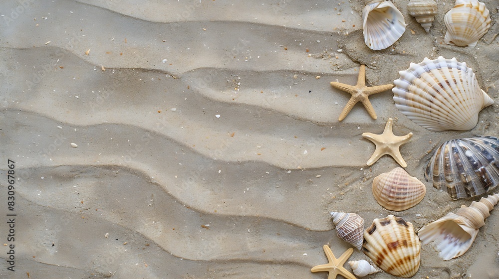 Poster Top view of a sandy beach texture with imprints of exotic seashells and starfish as natural textured background : Generative AI