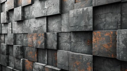 An image showing a weathered, rustic texture on a wall of stacked square tiles with a hint of patina