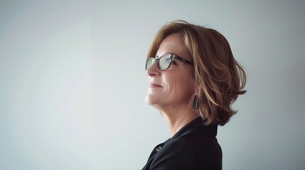 Middle age beautiful businesswoman wearing glasses standing over isolated white background looking to side relax profile pose with natural face and confident smile : Generative AI