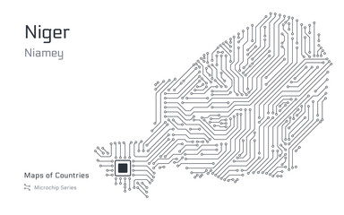 Niger Map with a capital of Niamey Shown in a Microchip Pattern with processor. E-government. World Countries vector maps. Microchip Series	