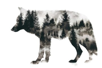 Majestic Double Exposure Wolf Blended with Misty Forest Landscape